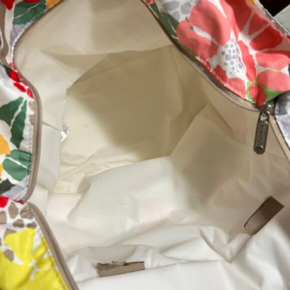 LeSportsac Tote Weekender Travel Bag Tan Straps White Multicolor Floral 18x13x7 - Picture 11 of 16